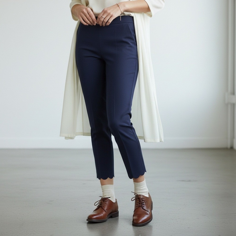 Talbots M Pant Navy Chatham Crop Scallop Hem Minimalist Workwear Preppy Office